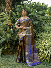 Brown Zari Worked With Royal blue Color Pure Banarasi saree